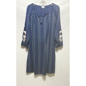 J. Jill Women's Large Floral Embroidered Peasant Blue‎ Batik Print Dress